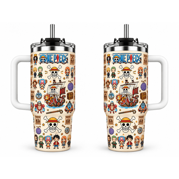 One Piece 40oz Tumbler With Handle, Straw Hat Crew Pattern Stainless Steel Insulated Travel Cup