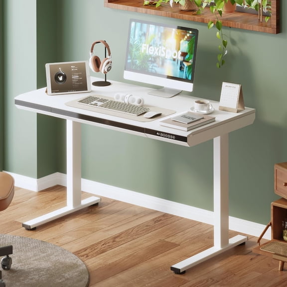 One-Piece 48" Standing Desk with Acrylic-Front Drawer, Fast-Assembly Ergonomic Sit-to-Stand Desk with MDF Top, 4 Height Memory Presets Touch-Control, Home Office Computer Workstation, White