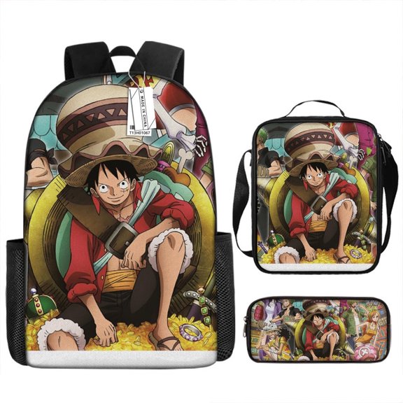 One-Piece Anime Backpack Set 3 Pieces with Shoulder Bag and Pencil Case for Women Men, Fashion Daypack, Classic High Backpack for Teens, Travel Laptop Backpacks