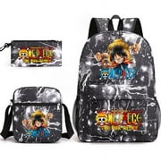 One Piece Anime Backpacks Sets, Cartoon Animal Laptop Backpack Daypack 3D Printed Schoolbag 3 Piece for Kid Toddler Girls Boys Teens School Bookbag Combo Set with Lunch Box and Pencil Case