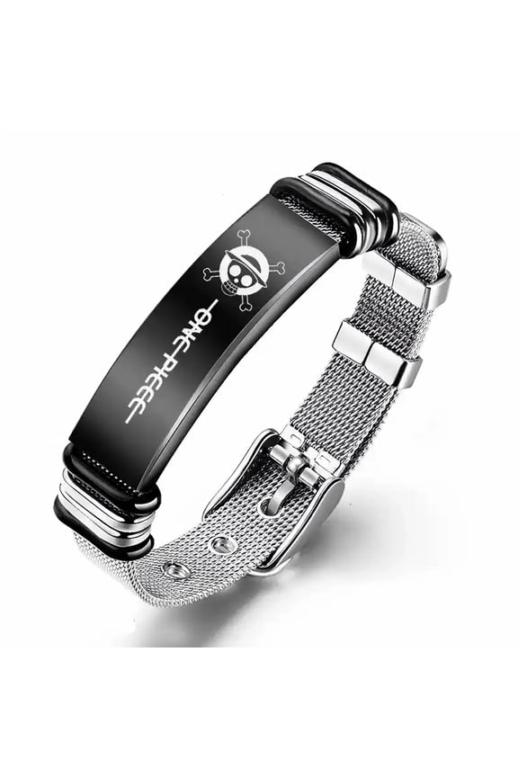 One Piece Anime Bracelet - Stainless Steel Adjustable Mesh Wristband, Character Friendship Bracelets with Skull Design for Men Women Christmas gifts