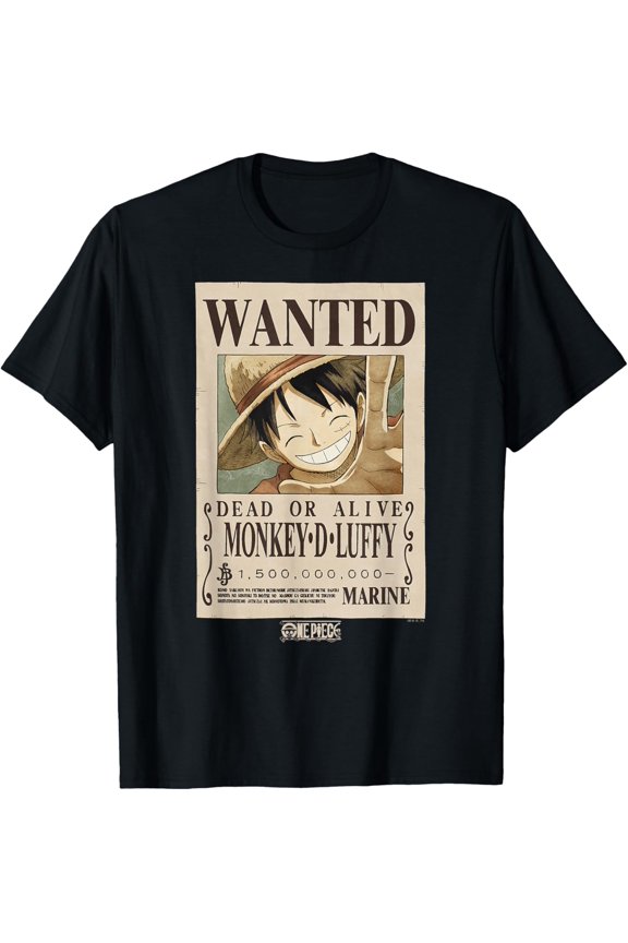 One Piece Anime T-Shirt Featuring Monkey D. Luffy's Wanted Poster, Black M