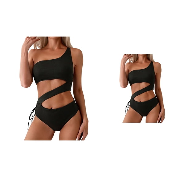 One Piece Backless Swimsuit for Women - One Shoulder Cutout, High Cut Leg, Solid Irregular Drawstring Tie Side Sexy Bathing Suit