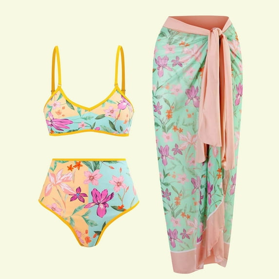 One Piece Bathing Suit for Women with Bikini Maxi Wrap,Women Floral Print Beach Swimsuit Tropical Bikini Swimwear Cover up Wrap Skirt Summer Holiday Outfit Bathing Suit