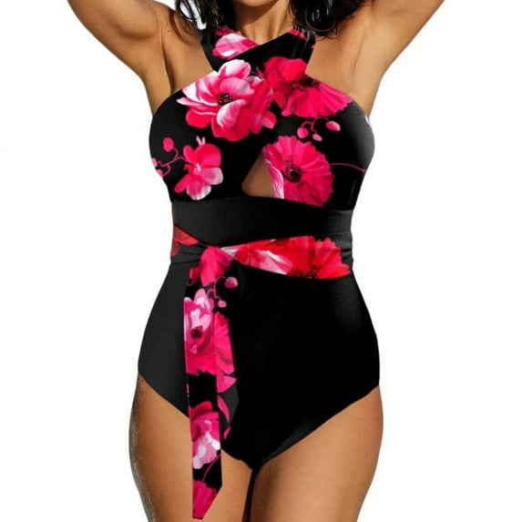 One Piece Bathing Suit for Women Criss Cross Halter Neck Swimwear Leopard Print Swimsuit Padded Waisted Knot Swimsuit