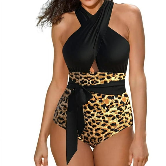 One Piece Bathing Suit for Women Criss Cross Halter Neck Swimwear Leopard Print Swimsuit Padded Waisted Knot Swimsuit