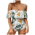 thumbnail image 1 of One Piece Bathing Suit for Women Ruffled Cold Shoulder Swimsuit Flower Print Swimwear Tummy Control Slimming Swimsuit, 1 of 8