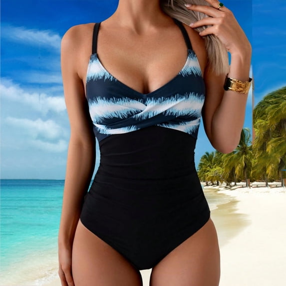 One Piece Bathing Suit, Womens Bathing Suits, Swim Dress Women, Ladies Swimsuits, Women'S One Piece Swimsuits Tummy Control Front Cross Bathing Suits Tie Back Slimming V Neck Swimwear, Blue S