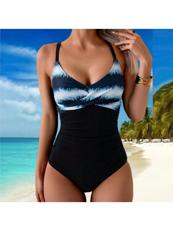 One Piece Bathing Suit, Womens Bathing Suits, Swim Dress Women, Ladies Swimsuits, Women'S One Piece Swimsuits Tummy Control Front Cross Bathing Suits Tie Back Slimming V Neck Swimwear, Blue S
