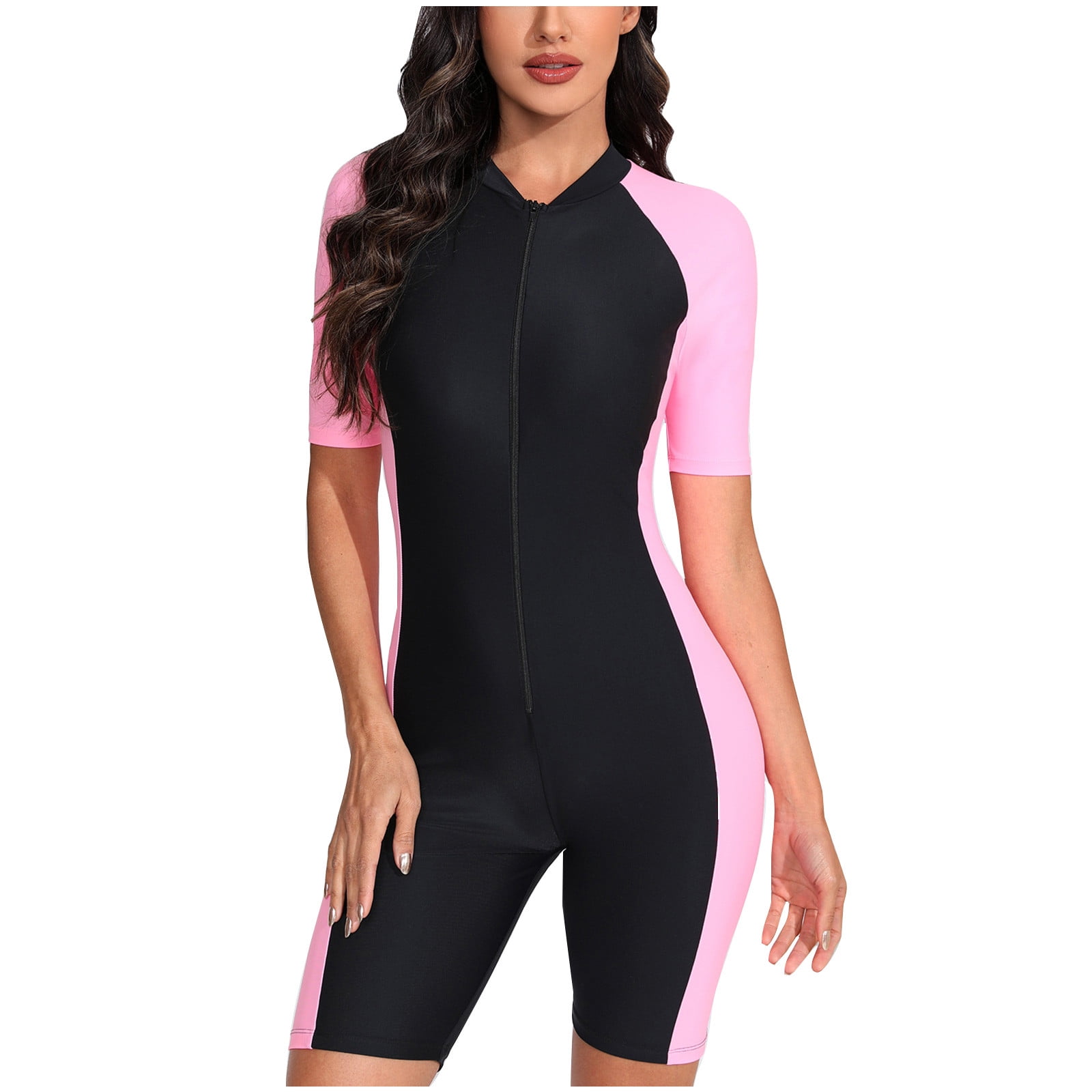 One Piece Bathing Suit For Women Colorblock Boyleg Rash Guard Swimsuit Short Sleeve Surfing 3040