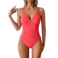 thumbnail image 1 of One Piece Bathing Suit for Women Double Straps Ruched Swimsuits Deep V Neck High Cut Tummy Controlled Swimwear Red, S, 1 of 7