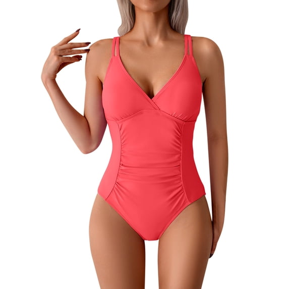 One Piece Bathing Suit for Women Double Straps Ruched Swimsuits Deep V Neck High Cut Tummy Controlled Swimwear Red, S