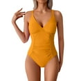 thumbnail image 1 of One Piece Bathing Suit for Women Double Straps Ruched Swimsuits Deep V Neck High Cut Tummy Controlled Swimwear Yellow, XXL, 1 of 7