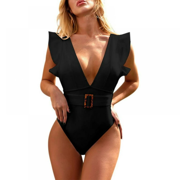 One Piece Bathing Suit for Women, Halter Deep V Neck Tummy Control Swimsuit  Bikini Ruffle Swimwear, Black 