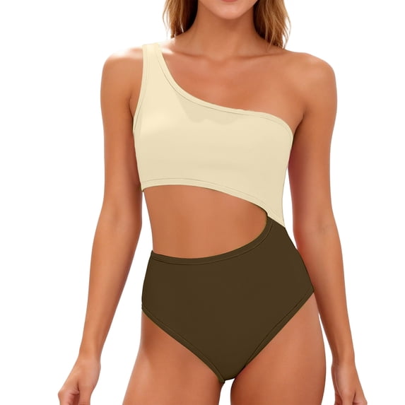 One Piece Bathing Suit for Women One Shoulder Swimsuit Tummy Control Cutout Padded Swimwear Beige XL