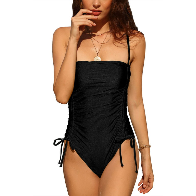 High Cut One Piece Bathing Suit for Women Push Up Chest Pads Tummy Control  Swimsuit Black Double Straps Swimwear : : Clothing, Shoes 