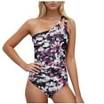 thumbnail image 1 of One Piece Bathing Suits for Women, Ladies One Shoulder Swimsuits Cutout Ruched Bikini Quick Dry Swimming Outfits (XL, Purple|Floral), 1 of 5
