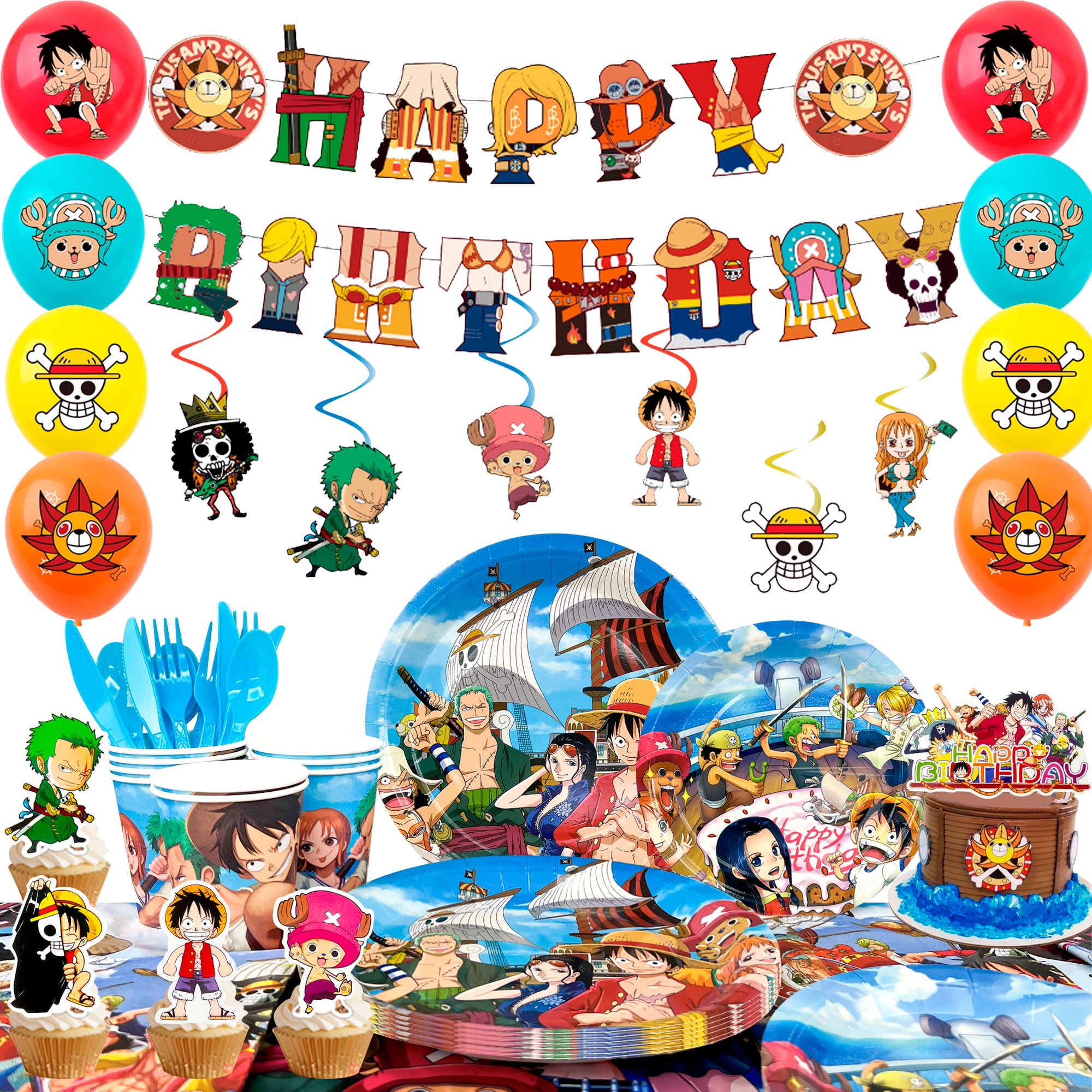 One Piece Birthday Party Supplies, 117pcs One Piece Party Decorations & Tableware Set - One Piece Banner Balloons Hanging Swirls Cake Topper Plates Cups etc One Piece Birthday Decorations for Kids