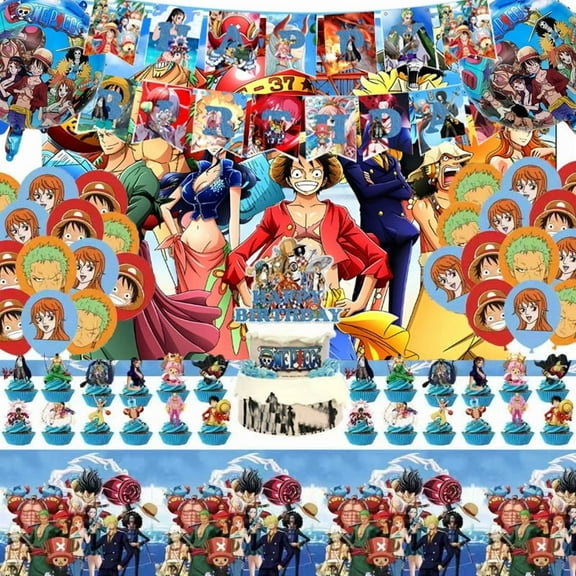 One Piece Birthday Party Supplies -Birthday Party Decorations Include Balloon Decorations, Banner, Backdrop, Cake & Cupcake Toppers, Tablecloth