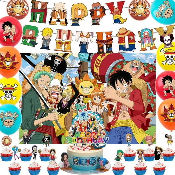 One Piece Birthday Party Supplies, Party Decorations Set Include Happy Birthday Banner, Cupcake Toppers, Background , Latex Balloons, Hanging Swirl for Teen Kids