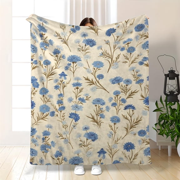 One Piece Blue Gray Floral Plaid Flannel Blanket - Soft and Warm All-Season Blanket with Ruffled Design