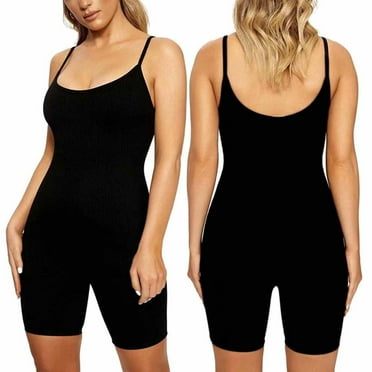 One Piece Bodysuit for Women Summer Tight Spaghetti Strap Shorts Low Back Body Suit Skinny Seamless Basic Slimming Romper, Black, L