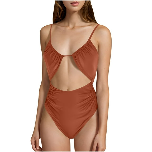One Piece Cheeky Swimsuits for Women Cutout Ruched Bathing Suits Spaghetti Strap Adjustable Open Back Vacation Beachwear Brown, XXL