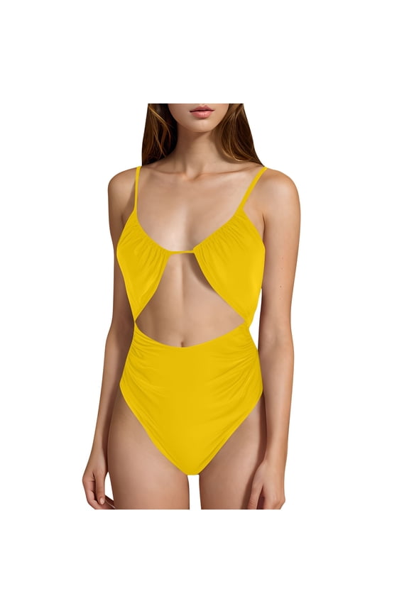 One Piece Cheeky Swimsuits for Women Cutout Ruched Bathing Suits Spaghetti Strap Adjustable Open Back Vacation Beachwear Yellow, L