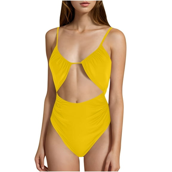 One Piece Cheeky Swimsuits for Women Cutout Ruched Bathing Suits Spaghetti Strap Adjustable Open Back Vacation Beachwear Yellow, S