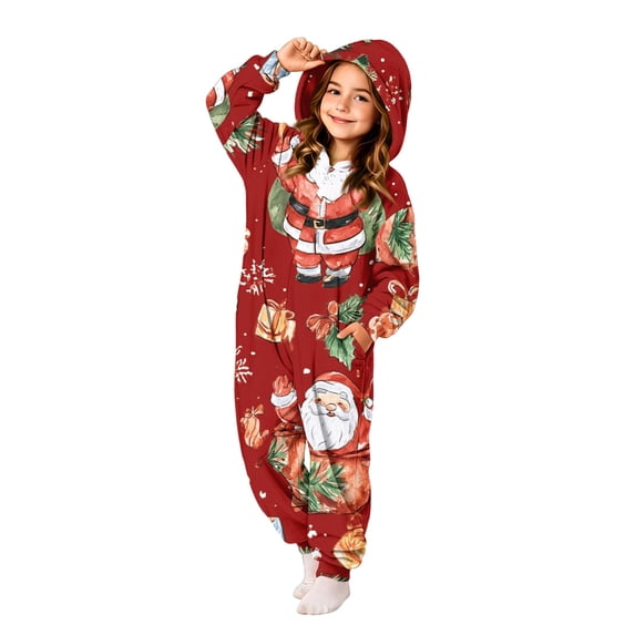 One Piece Christmas Jumpsuit for Kids Girls Pajamas Onesie Hoodie Zip Front Girls Fashion Holiday Cute Novelty Santa Claus Print Casual Soft Fall Winter Loungewear Pajamas 2-12 Years