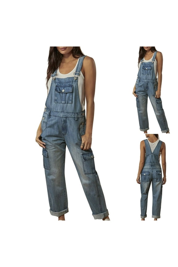 One Piece Daily Jumpsuit for Women Casual Adjustable Strap Denim Bib Jumper with 6 Pockets Long Pant Low Back Outfits, Blue, S