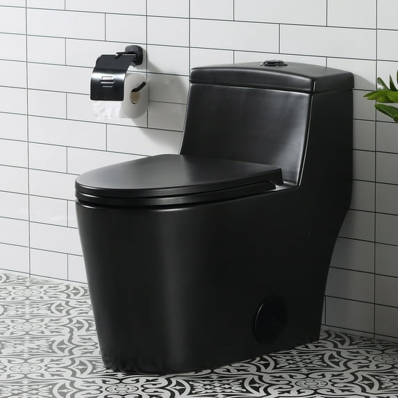 One Piece Elongated Toilet for Bathroom, Soft Closing Seat Include, High Efficiency 1.28 GPF, 12'' Rough-In, Matte Black