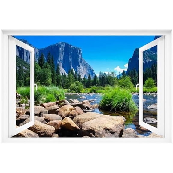 One-Piece Fake Window Wall Decal: Yosemite Mountain Scene (48"x32"), No Seams! Easy Peel & Stick$$Tools