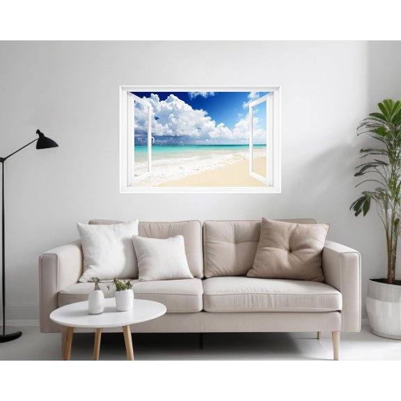 One-Piece Fake Window Wall Mural: Tropical Beach Ocean View (48"x32"), No Seams! Easy Peel & Stick$$Tools