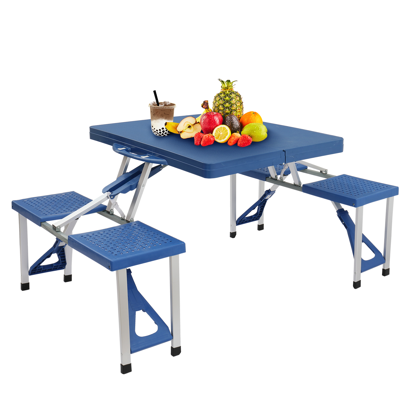 One Piece Folding Table Picnic Table Folding Camping Table Portable Picnic Table Camping Table,Lightweight Compact Aluminum Picnic Table with 4 Seats Chairs and Umbrella Hole for Outdoor Indoor,Blue - image 1 of 9