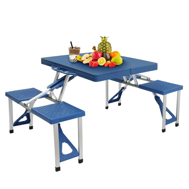 One Piece Folding Table Picnic Table Folding Camping Table Portable Picnic Table Camping Table,Lightweight Compact Aluminum Picnic Table with 4 Seats Chairs and Umbrella Hole for Outdoor Indoor,Blue