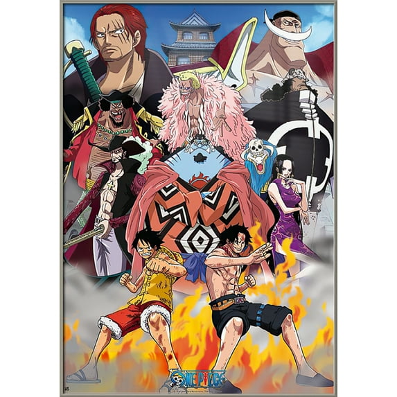 One Piece - Framed Manga / Anime TV Show Poster (Marine Ford: Edward Newgate & Whitebeard Pirates) (Size: 28" X 40") (Brushed Champagne Aluminum Frame)