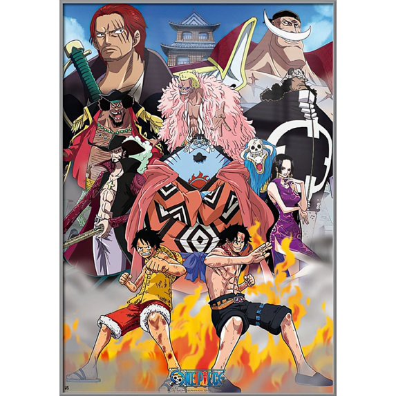 One Piece - Framed Manga / Anime TV Show Poster (Marine Ford: Edward Newgate & Whitebeard Pirates) (Size: 28" X 40") (Silver Aluminum Frame)