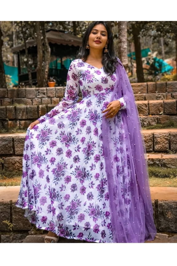 One Piece Gown Dupatta Set Floral Printed Maxi Long Gown