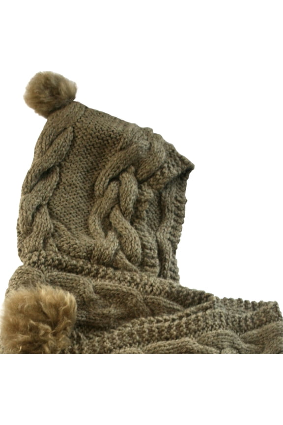 One Piece Hand Knit Baby Alpaca Blend Hooded Hat Scarf Women Men - Olive Green