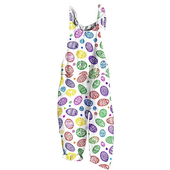 One Piece Jumpsuit For Women Easter Day Print Adjustable Strap Romper Casual Baggy Overalls With Pockets (M, White)