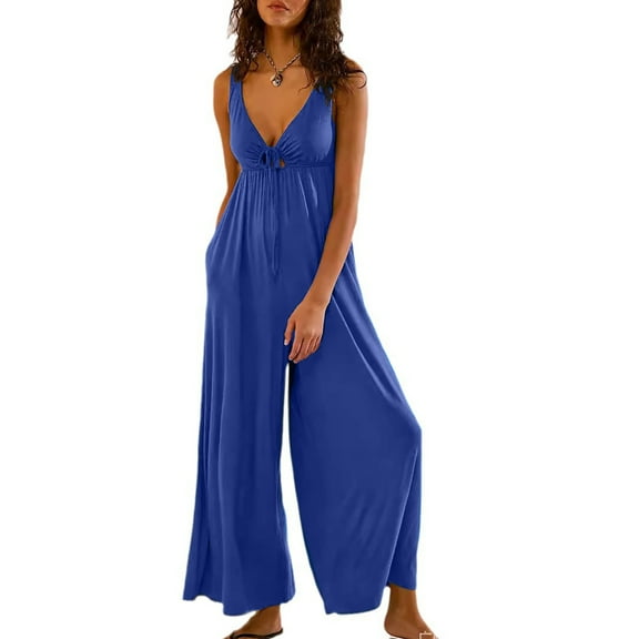 One Piece Jumpsuit for Women Casual Cutout Tie Front Tank Top Jumper Plunge Loose High Waist Low Back Long Pant Outfits, Blue, XXL