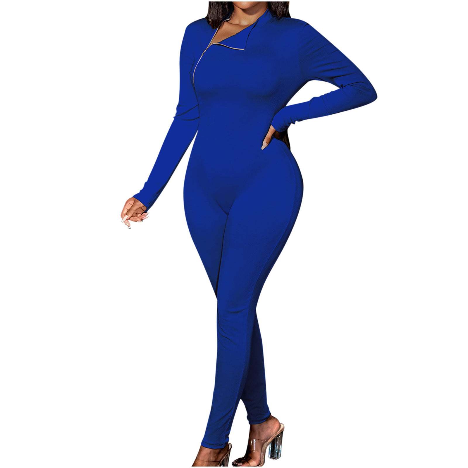 Women Spandex Glossy Long Sleeve Bodycon One Piece Jumpsuit Solid Zipper  Rompers