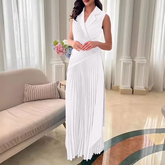 One Piece Jumpsuits For Women Lapel Crossover V Neck Sleeveless Wide Leg Pants Casual Loose Lace-Up Pleated Overalls (L, White)