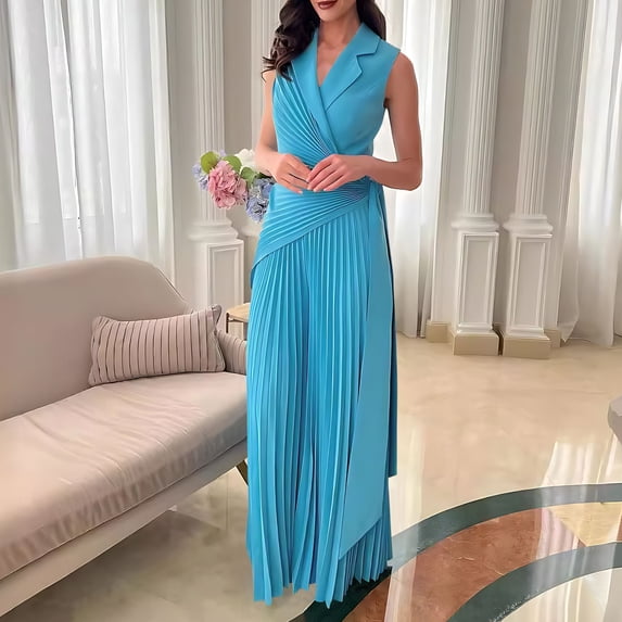 One Piece Jumpsuits For Women Lapel Crossover V Neck Sleeveless Wide Leg Pants Casual Loose Lace-Up Pleated Overalls (M, Light Blue)