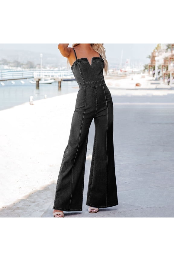 For Women Summer Washed Blue Denim Suspender Tight And Slightly Flared High Elastic Pants Black XL