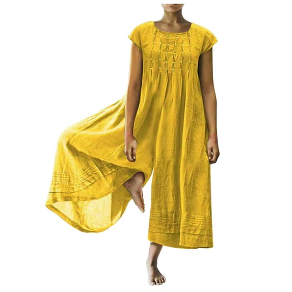 One Piece Jumpsuits Mujer Round Neck Short Sleeve Back Zip Wide-Leg Casual Loose Pleated Solid Rompers Summer Overalls(Yellow,XXL)