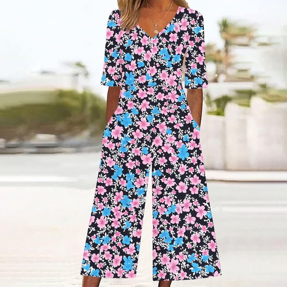 Xdegoge One Piece Jumpsuits for Women Boho Floral Print Short Sleeve V Neck Summer Jumpers with Pockets Wide Leg Loose Dressy Casual Rompers Fashion Overalls Plus Size of The Day