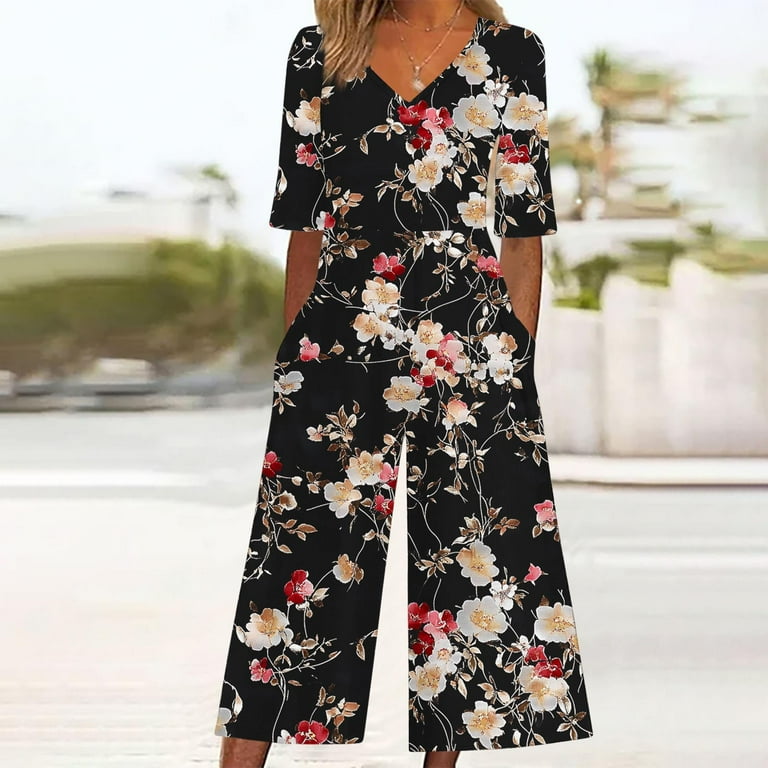 One Piece Jumpsuits for Women Boho Floral Print Short Sleeve V