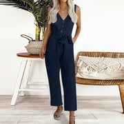 BSYOUFIER One Piece Jumpsuits for Women Clearance Deals Womens Casual Solid Color Sleeveless V Neck Button Pockets Tie Jumpsuit Cropped Pants With Belt , Jumpsuits for Women Casual Dressy , Jump Suit for Women